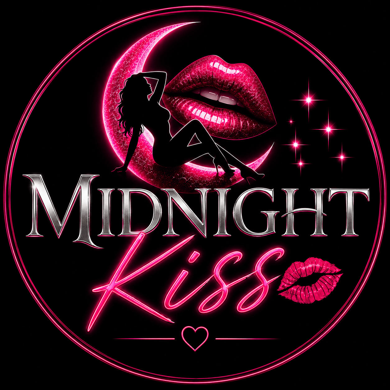 Midnight Kiss logo: a pink crescent moon, dancer silhouette, and kiss mark