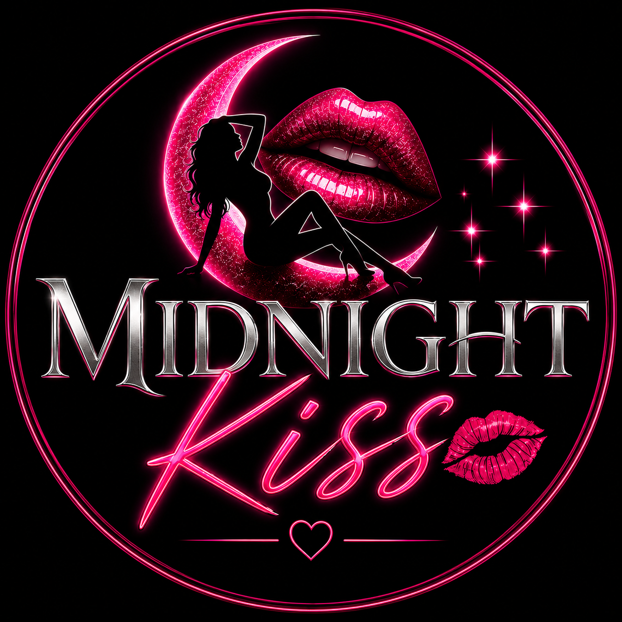 Midnight Kiss—neon crescent moon, lips, and reclining silhouette